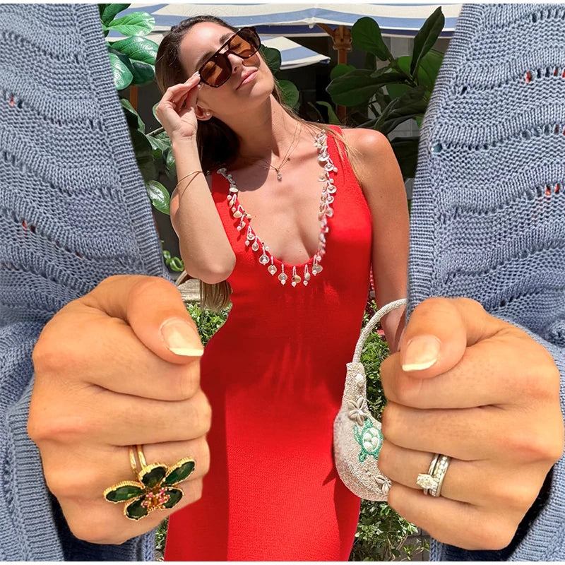 Women's Shell Chain Halter Maxi Dress Deep V Neck Sleeveless Backless Bodycon Dresses Casual Vacation Party Beach Fashion Gown