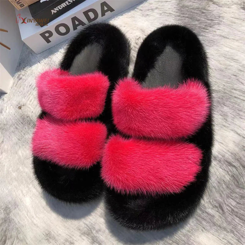 Mink Fur Slides Women's Slippers Thick-soled Sandals Summer Slipper Shoes for Woman Sandals Fashion Beach Slippers EVA Slides
