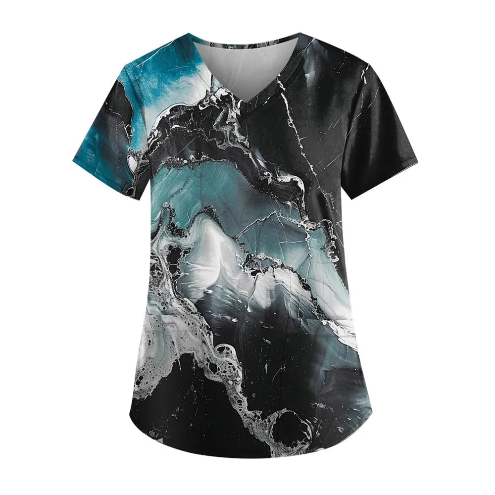 Gradient Printing Nurses Uniforms Women Fashion Short Sleeve V Neck Working Blouse Tops With Pockets Women's Medical Uniform
