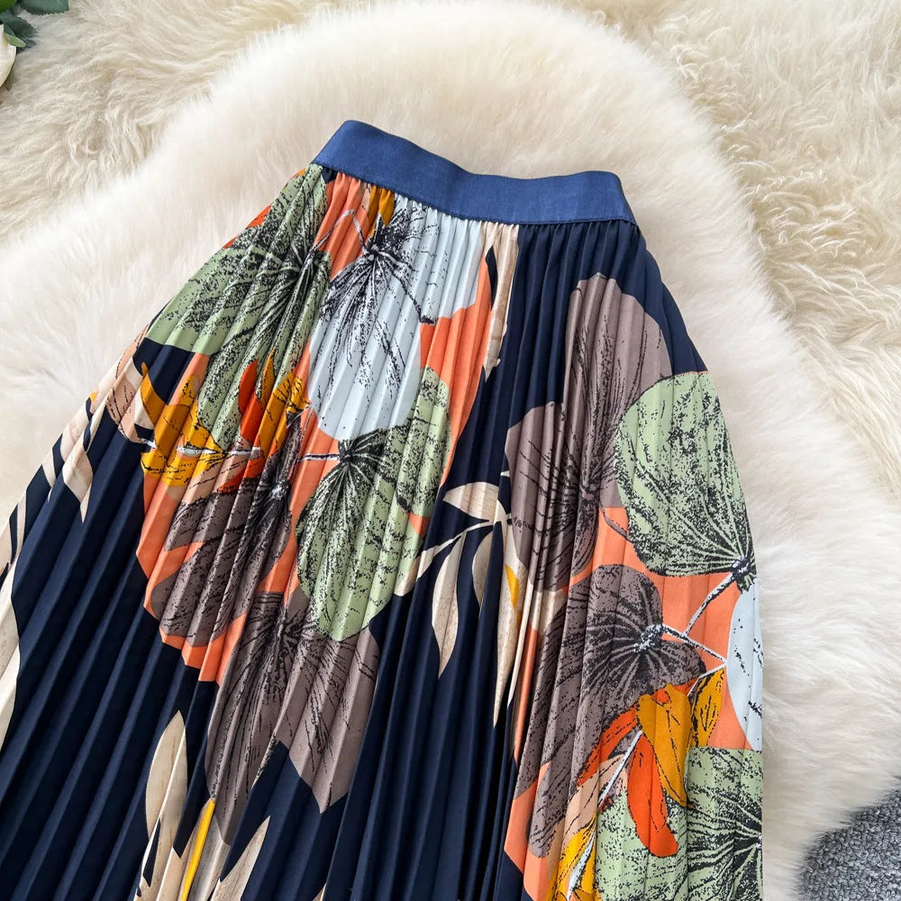 2026 New Summer Women Temperament Vintage All-match Skirt High Waist Printing Medium Length A-line Pleated Big Skirt Skirt