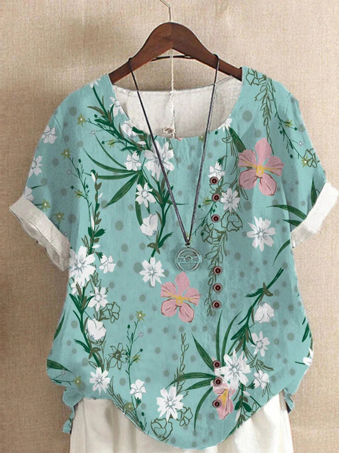 2025 Summer retro fashion printed loose casual shirt top, suitable for casual or vacation ladies' beachwear