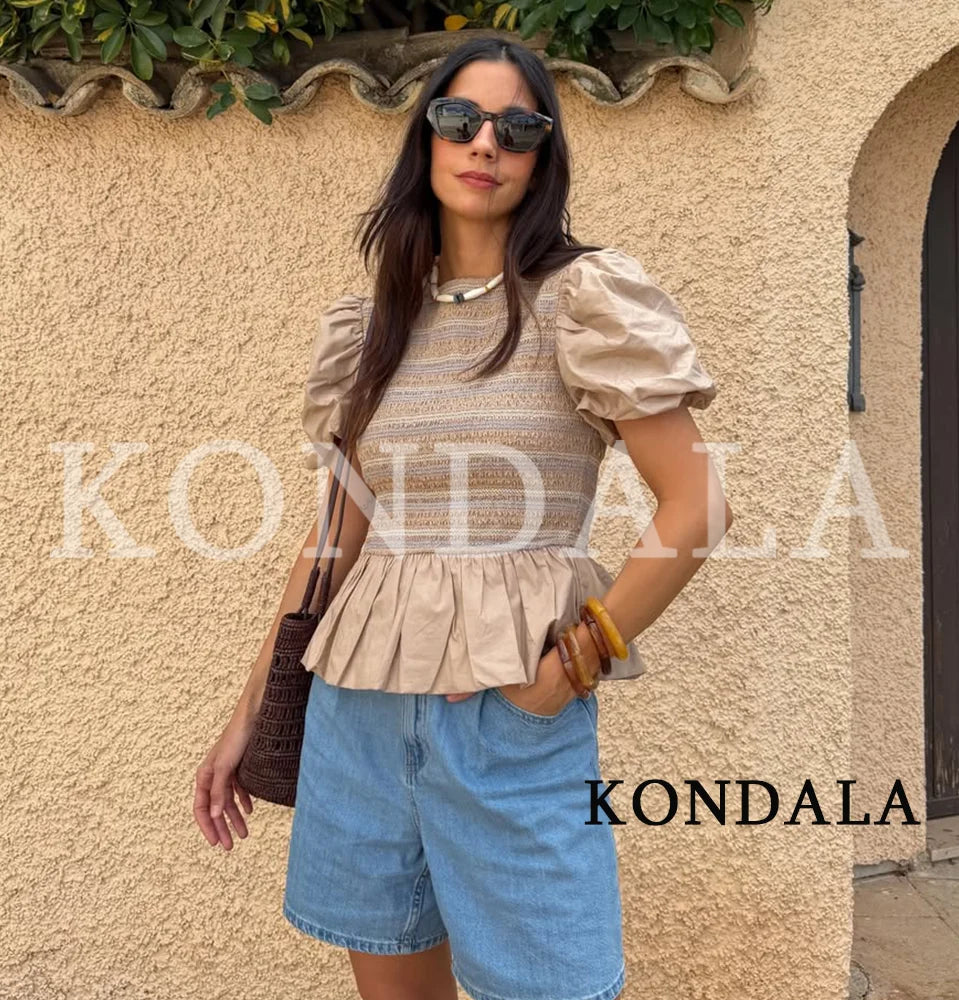 KONDALA Elegant Bubble Short Sleeve Shirt Women Summer Chic Casual Holiday Skirt Hem Shirts New 2026 Trendy Ladies Folded Shirts