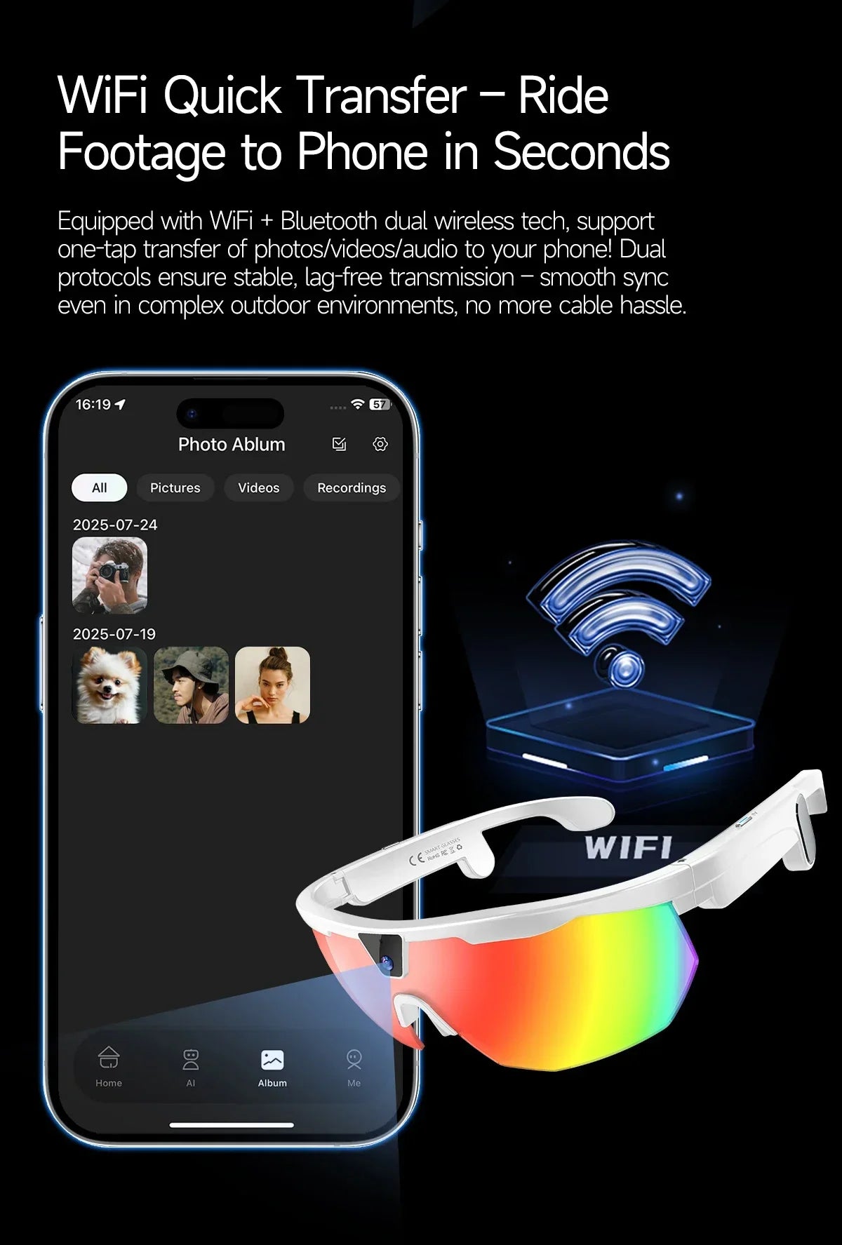 2026 AI Smart Glasses 800W HD Anti-shake Camera IP66 Waterproof AI Voice Wake-up AI Translation Four-in-one Cycling Glasses