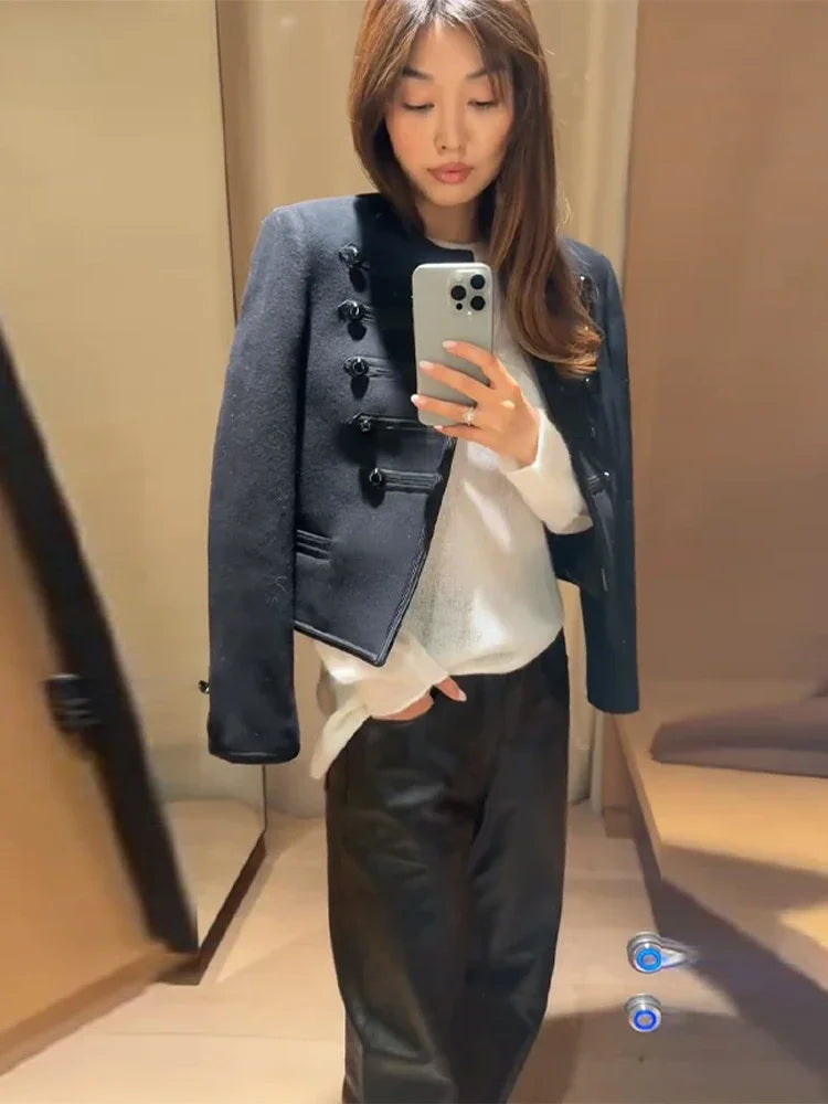 Elegant O-neck Long Sleeve Double Breasted Coats Fashion Black Cropped Jacket For Women 2026 Spring Chic Lady Outerwear Street