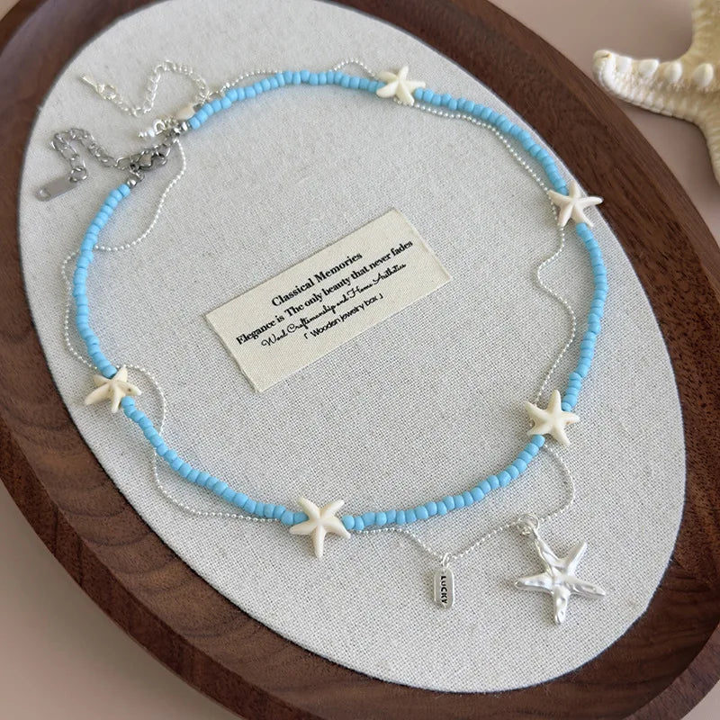 Summer Blue Starfish Necklace Women Double Layer Beaded Chain 45cm Boho Beach Jewelry 2025 New Luxury Layering Gift