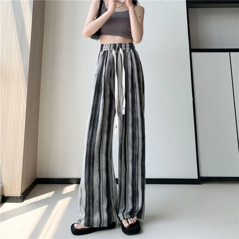 Summer 2026 Women's Ice Silk Wide Leg Pants Narrow Straight Casual Cool Pants Sunscreen Mosquito Proof High Waist Long Trousers