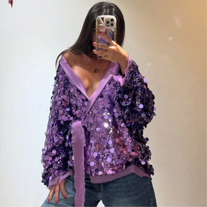 Fashion Sequins Short Jackets Women Gliter Lapel Long Sleeve Zipper Street Jacket Female 2026 Spring Lady Streetwear New