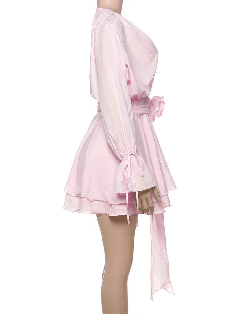 Weird Puss Sweet Style 3D Flower Decoration Dress Women Y2K Flare Sleeve Ruched Ribbon Vacation Fashion Elegant Mini Bodycon