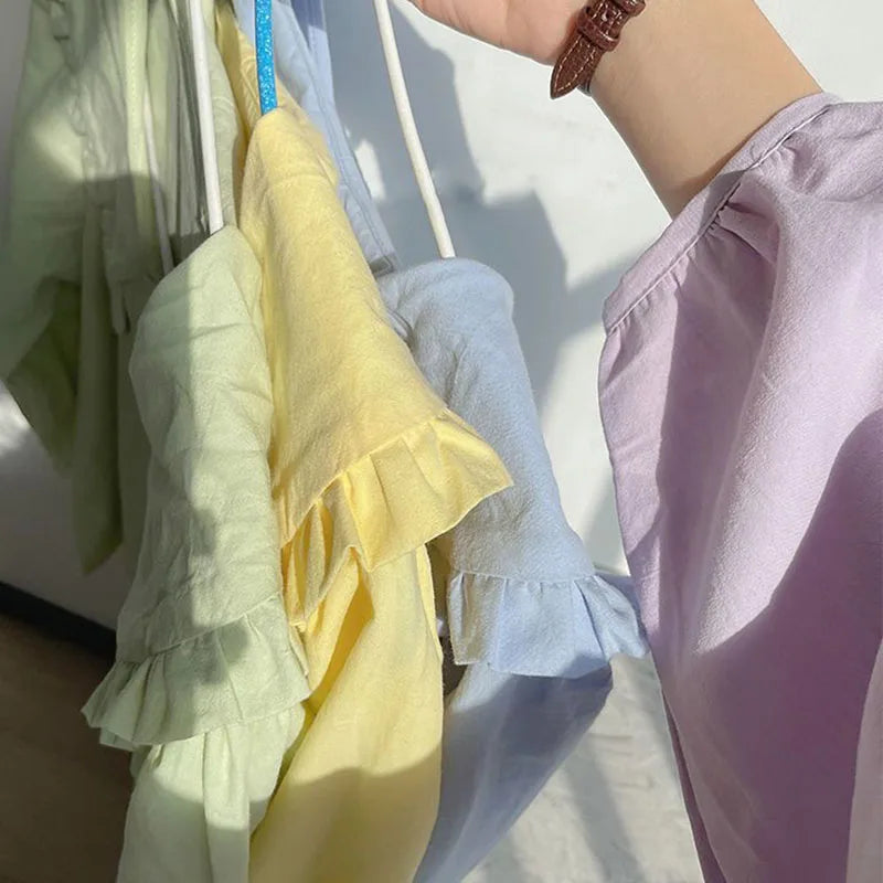 Solid Simple Blouse for Women Korean Chic Trendy Single-Breasted Ruffles Shirt Casual Sweet Big Turndown Collar Student Shirts