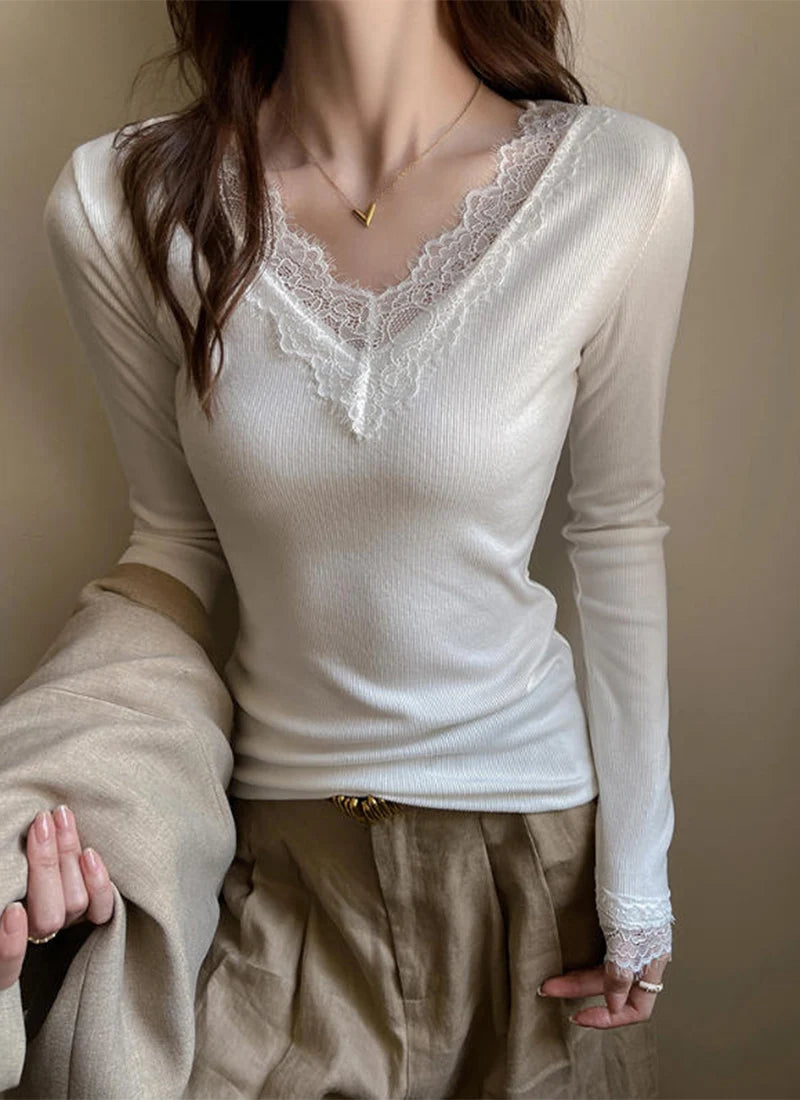 Sexy V-Neck Long Sleeve T-Shirt Women Fashion Lace Patchwork Solid Color Bottoming Shirt Spring Autumn Stretch Slimming Base Tee