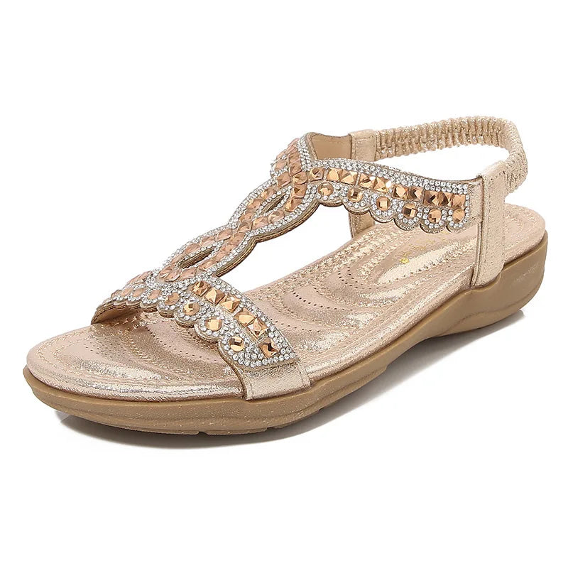 Summer Women Sandals Fashion Rhinestone Bohemian Sandal Slope Heel Hollow Solid Soft Flat Bottom Open Toe Sandals