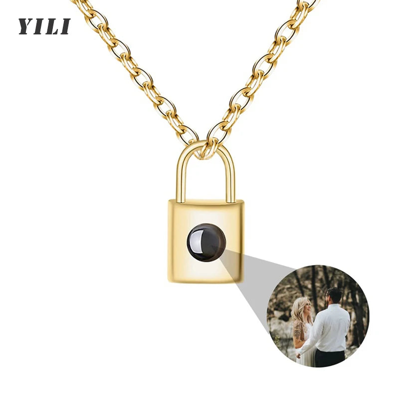 Personalised Love Lock Shape Necklace Custom Photo Projection Necklace Silver Lock Pendant Gift for Girlfriend Women Memory Gift