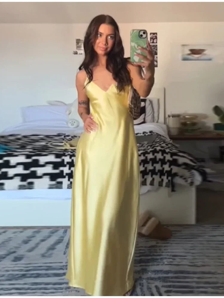Summer Satin Deep V Neck Maxi Dresses Sleeveless Backless Lace Up Slim Fit Long Robes 2025 Lady New Holiday Fashion Clothing