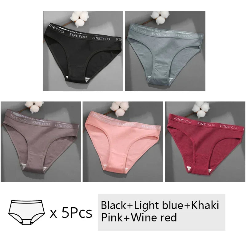 Finetoo 5Pcs Women Sexy Cotton Briefs Intimates Solid Color Low Waist Panty High Elasticity Underwear Female Breathable Lingerie