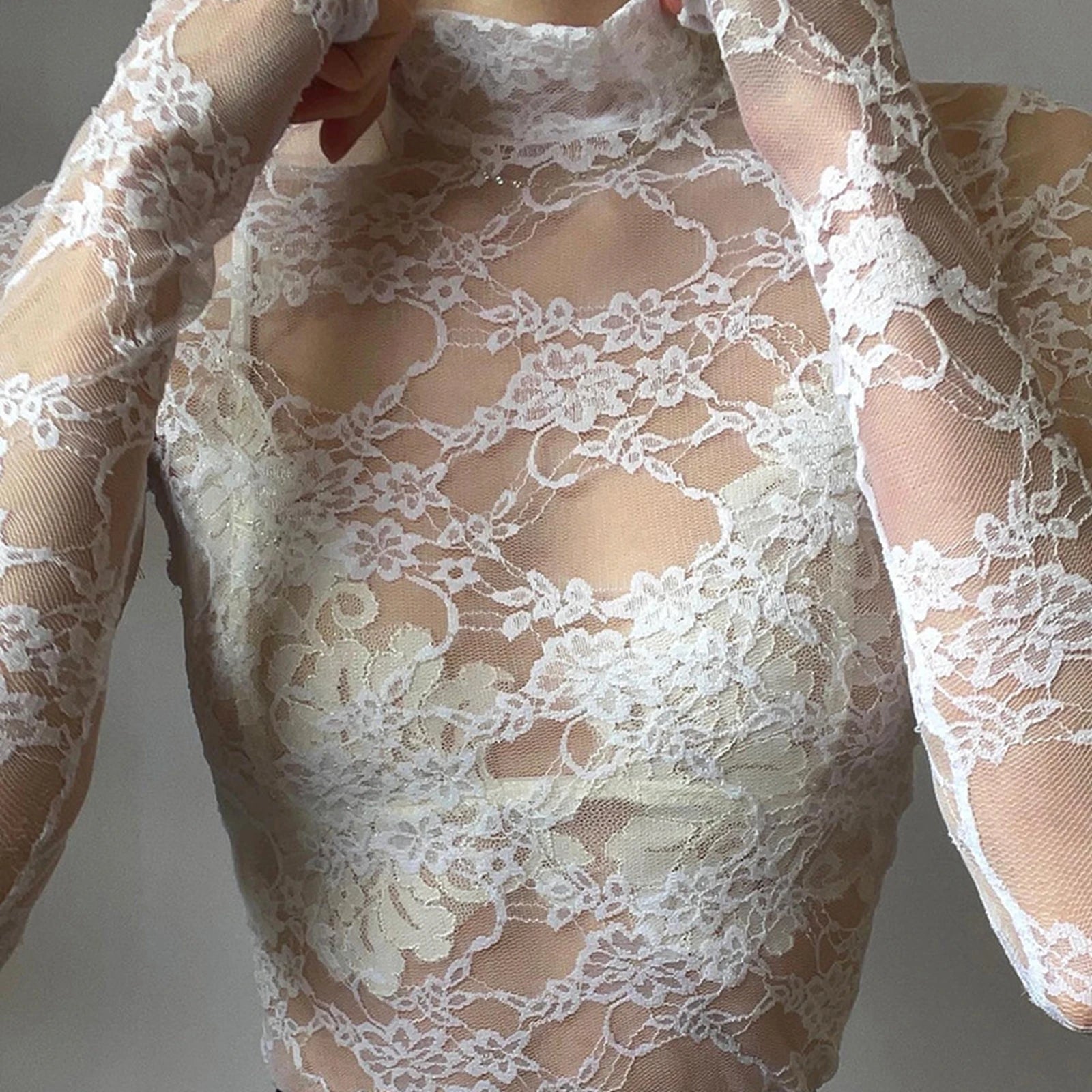 Women's Lace Mesh Crop Tops Long Sleeve Floral Sheer Blouse Sexy Shirt High Neck See-Through Slim Fit Tee Shirts Clubwear