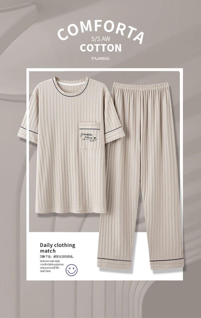 L-5XL Summer Elegant Men Pyjamas Knited Cotton Pajamas Set Long Pant Sleepwear Pyjamas Night Suits Pijamas Plus Size Homewear PJ