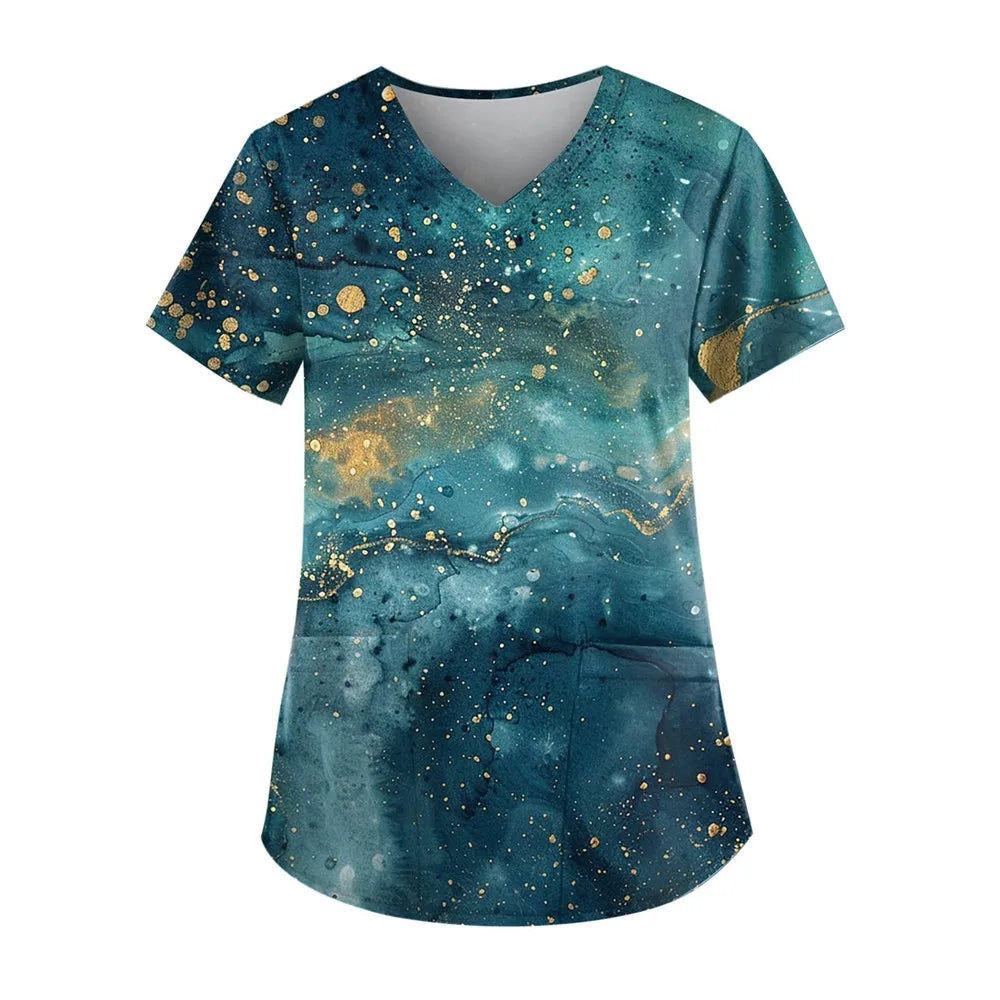 Gradient Printing Nurses Uniforms Women Fashion Short Sleeve V Neck Working Blouse Tops With Pockets Women's Medical Uniform