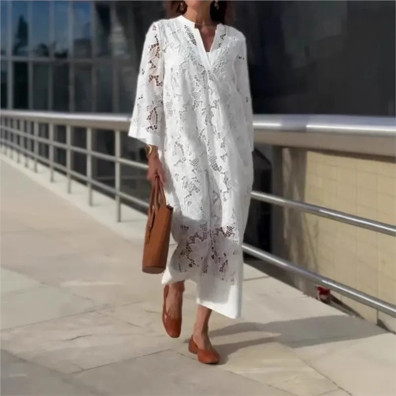 Women's Elegant Fashion Lace Dress White 2025 Spring Summer New Loose V-neck Seven-Point Sleeve Hollowed out Dresses Office Lady