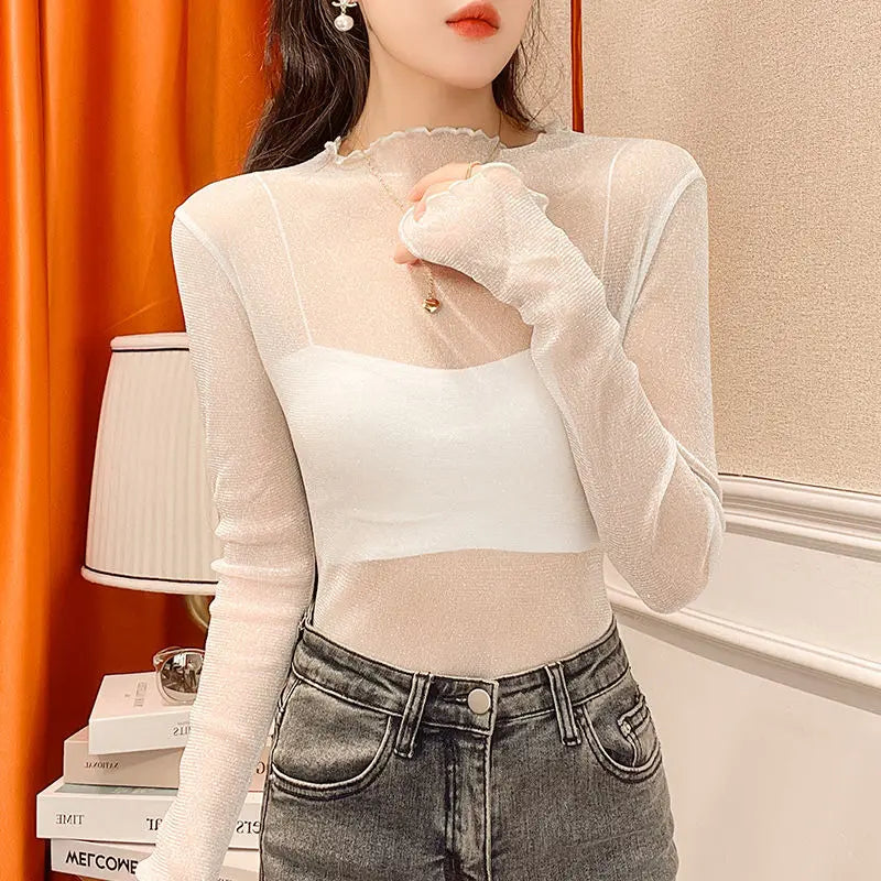 Sexy Women T Shirt See Through Transparent Mesh Tops Long Sleeve Sheer Slim Female Turtleneck Bright Silk T-Shirt Lace Crop Top