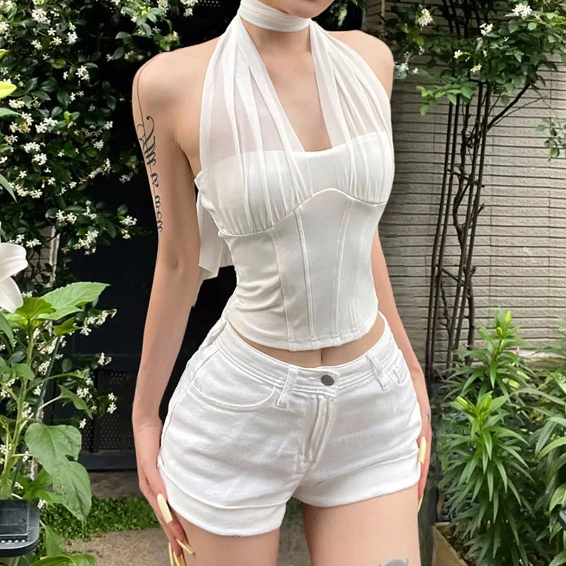 High Quality Hot Selling Wholesale 2025 New Women's Clothing Sexy Mesh Hanging Neck Imitation Fish Bone Exposed Navel Vest Women