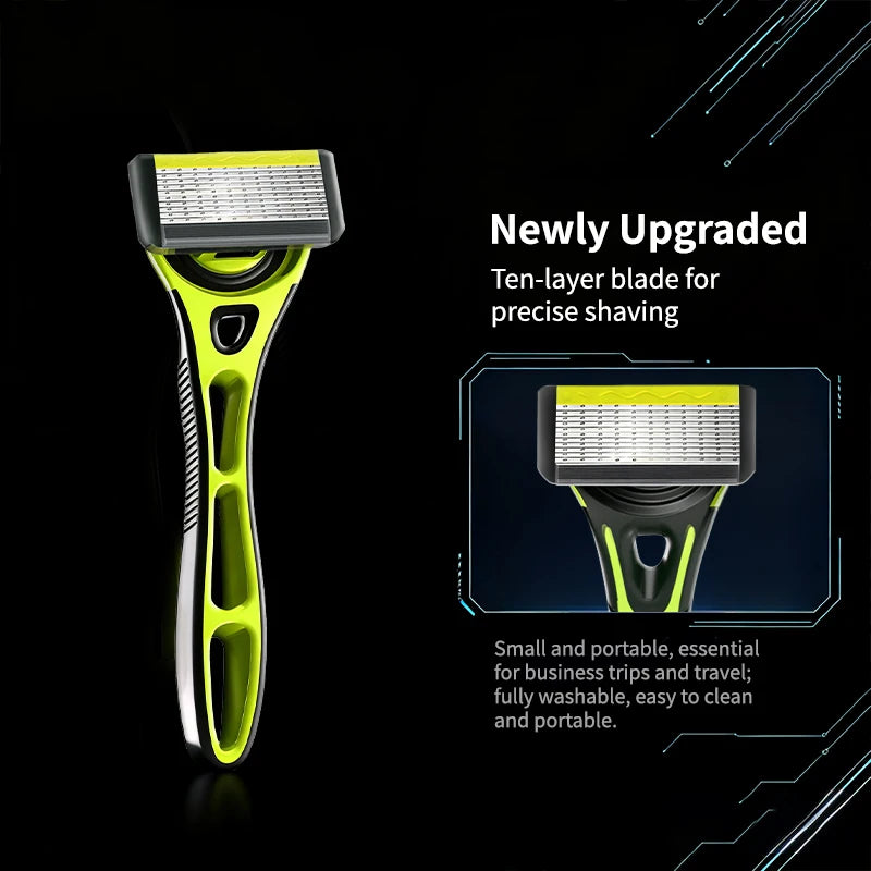 10 Layer Shaver Razor (1 Razor Holder + 4 Blades Head)Cassette Shaving Razor Set Green Body Face Hair Removal Knife for Gift Men