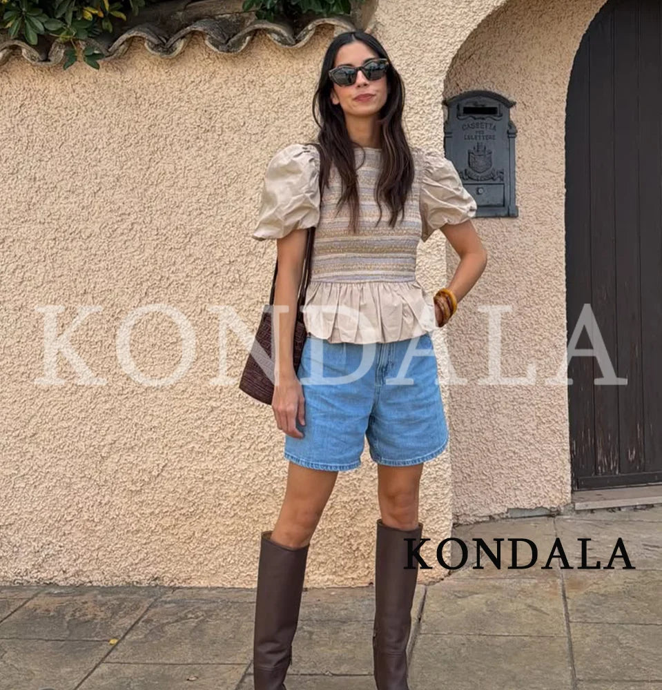 KONDALA Elegant Bubble Short Sleeve Shirt Women Summer Chic Casual Holiday Skirt Hem Shirts New 2026 Trendy Ladies Folded Shirts