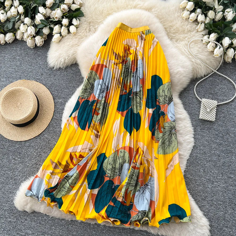 2026 New Summer Women Temperament Vintage All-match Skirt High Waist Printing Medium Length A-line Pleated Big Skirt Skirt