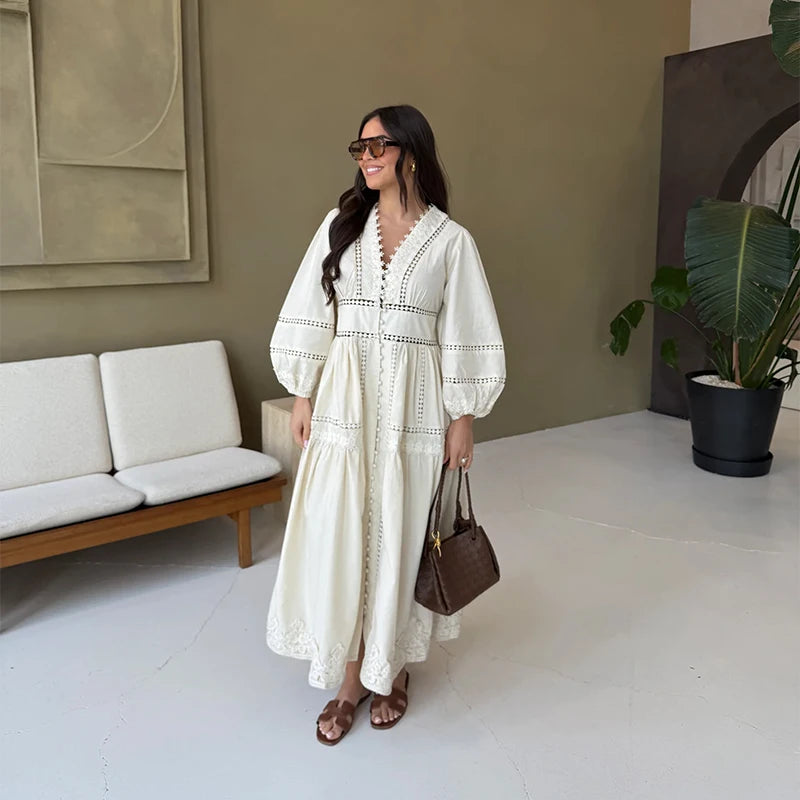 Elegant Hallow Out Long Dress Women Lantern Sleeve Deep V-neck Single Breasted Loose Dresses 2025 Fashion Solid Office Robe Lady