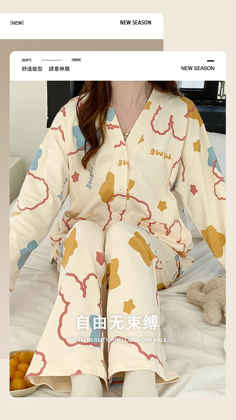 Elizabeth Duck Japanese Kimono Autumn Winter Women Pajamas Sets Faux Cotton Long Sleeves Homesuits Casual V-neck Lapel Sleepwear