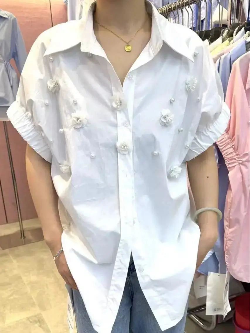 2025 Summer Trend New Cotton Blouses Shirts For Women Long Sleeve Loose Casual 3D Flowers Beaded Shirts Tops Camisas De Mujer
