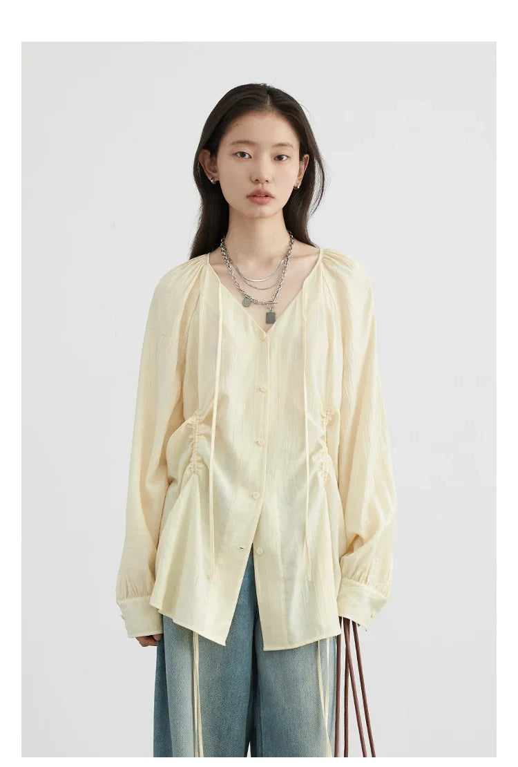 CHIC VEN Women Shirts Korean Loose Soild V-neck Long Sleeved Blouses Fashion Design Soft Lace Up Ladies Tops Summer New 2024