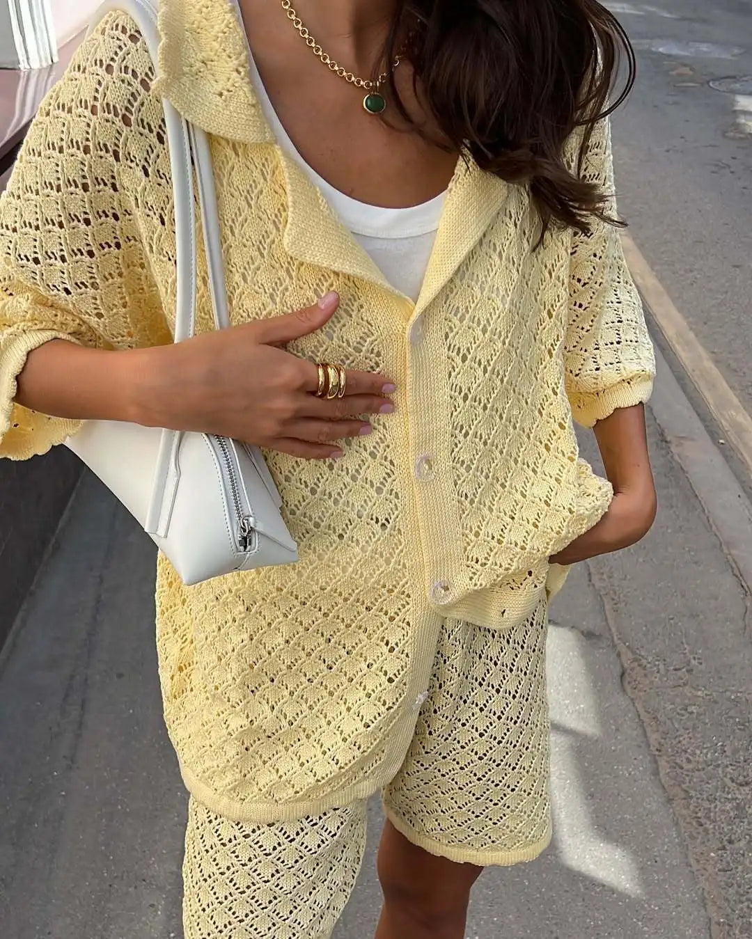 Tuularose Summer Knit Shorts Set New Knit Cardigan Top Casual Shorts Set Beach Vacation Bikini Cover Up Women Shorts Set Outfits