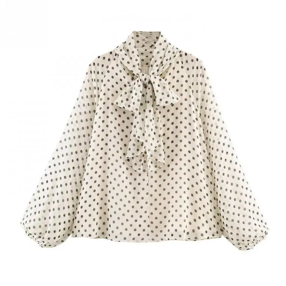Polka Dot Lace Up Bow Shirt Women Casual Long Lantern Retro Sleeve Pleated Loose Blouse Lady 2026 Spring Commute Office Outwears