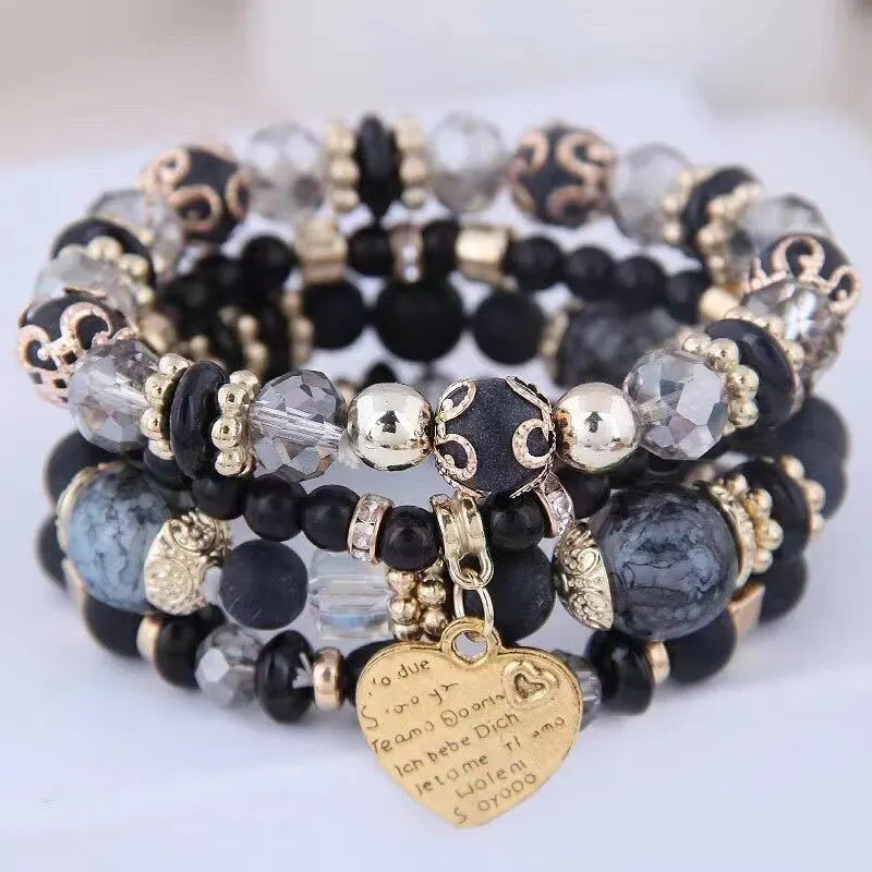 4pcs/set Boho Strand Bracelets For Women Crystal Beads Bracelets Heart Letter Elastic Bangles Wristband Yoga Jewelry Gifts K-