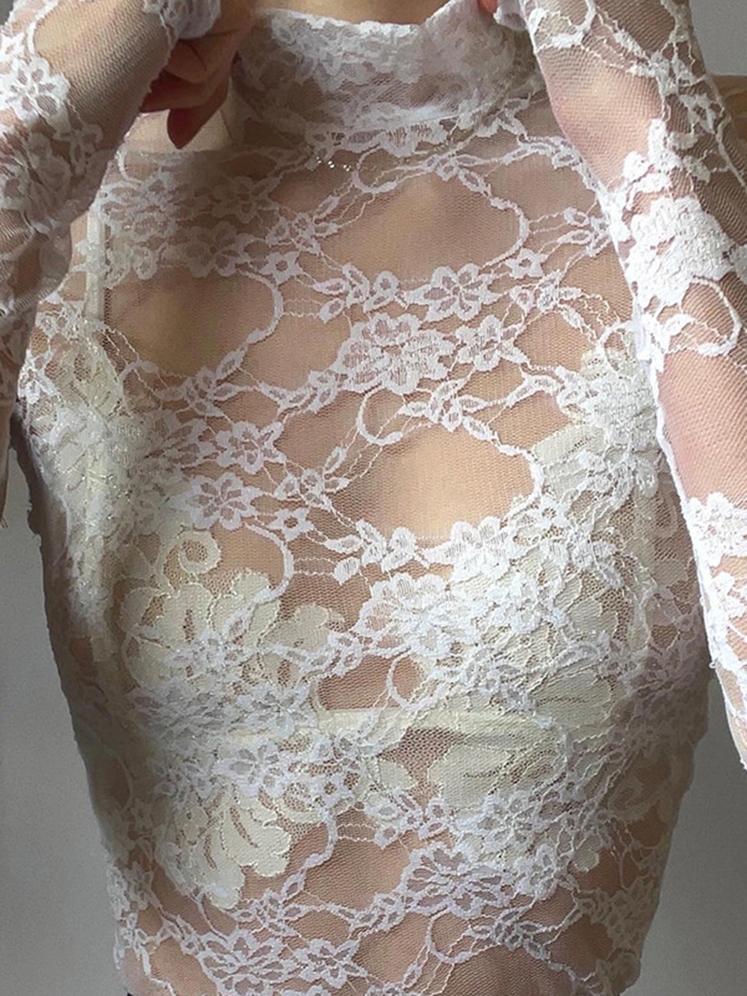 Women's Lace Mesh Crop Tops Long Sleeve Floral Sheer Blouse Sexy Shirt High Neck See-Through Slim Fit Tee Shirts Clubwear