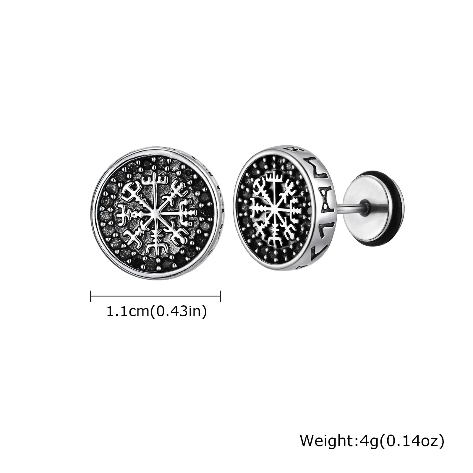 Vintage Viking Stud Earrings for Men Boys,Round Stainless Steel Compass Zircon Earring,Simple Jewelry Gift for Him