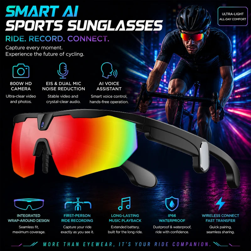 2026 AI Smart Glasses 800W HD Anti-shake Camera IP66 Waterproof AI Voice Wake-up AI Translation Four-in-one Cycling Glasses