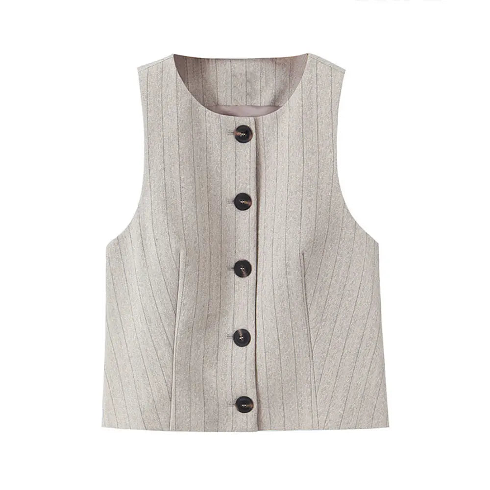 Women Fashion Striped Cropped Waistcoat Top And High Waist Front Dart Wide Leg Pants Female Two Piece Sets Mujer