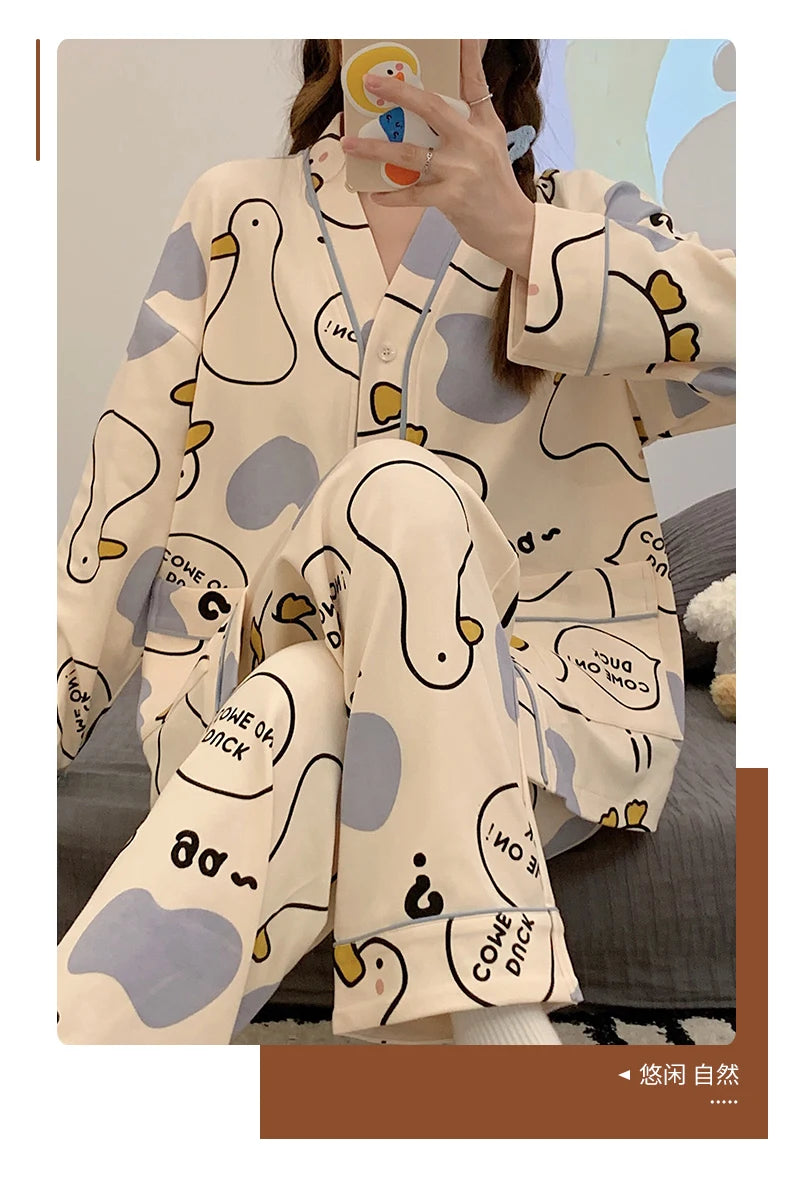 Elizabeth Duck Japanese Kimono Autumn Winter Women Pajamas Sets Faux Cotton Long Sleeves Homesuits Casual V-neck Lapel Sleepwear