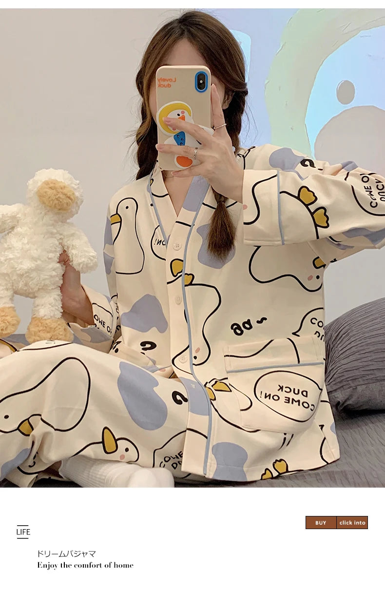 Elizabeth Duck Japanese Kimono Autumn Winter Women Pajamas Sets Faux Cotton Long Sleeves Homesuits Casual V-neck Lapel Sleepwear