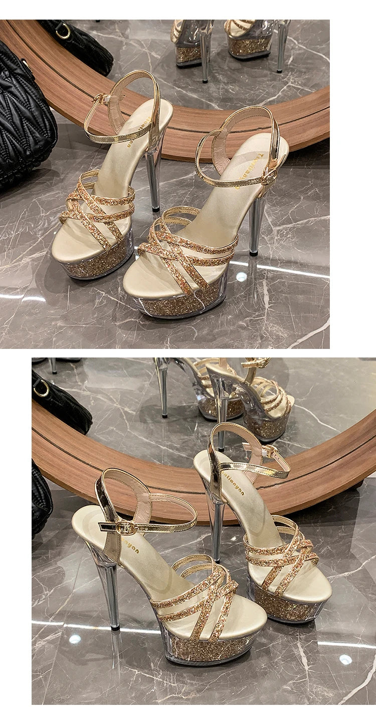 2024 New Women Narrow Band Sandals Transparent Platform High Heels Summer 15CM Stiletto Heels Silvery Sequin Wedding Dress Shoes
