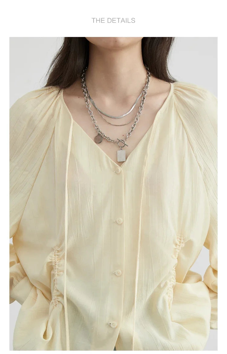CHIC VEN Women Shirts Korean Loose Soild V-neck Long Sleeved Blouses Fashion Design Soft Lace Up Ladies Tops Summer New 2024