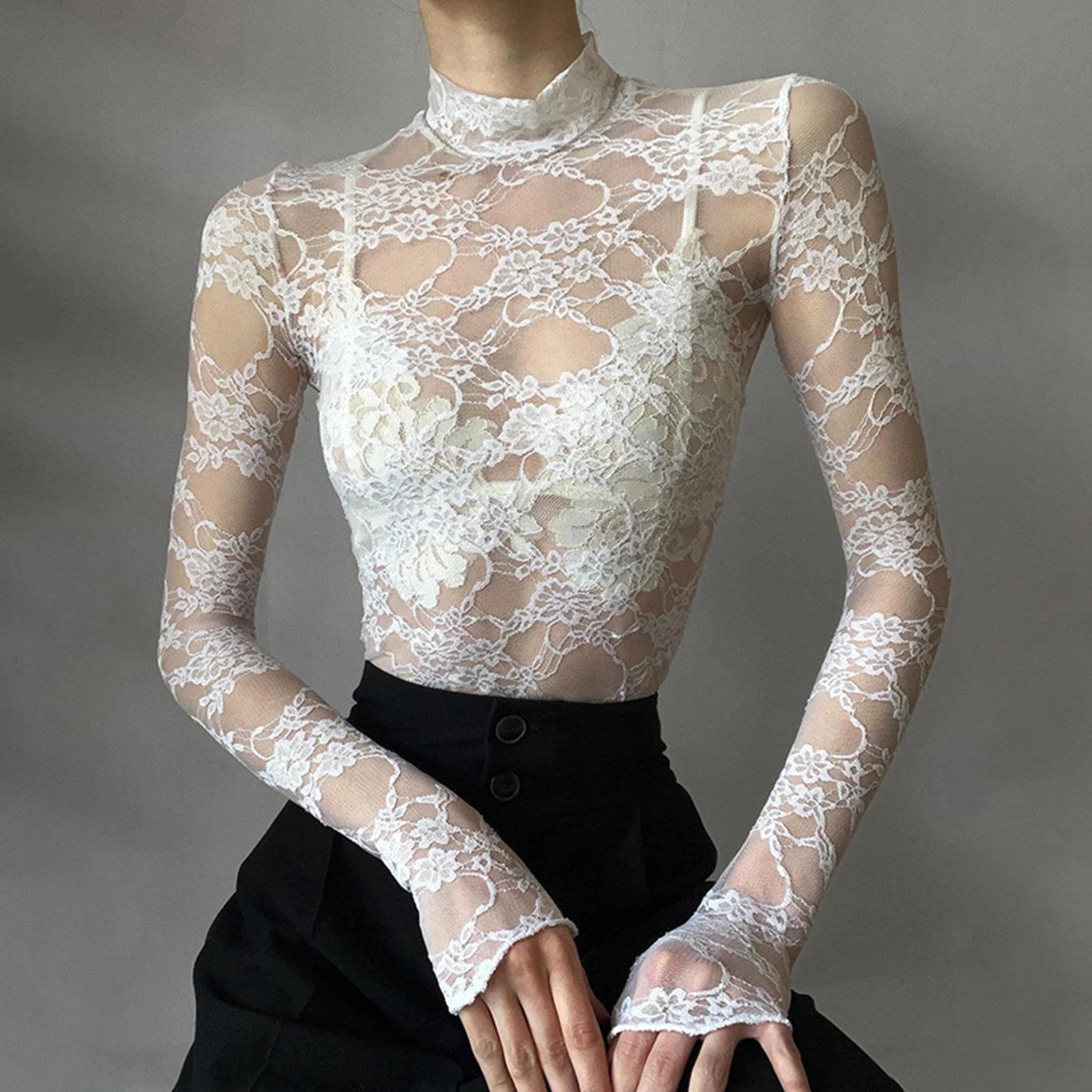 Women's Lace Mesh Crop Tops Long Sleeve Floral Sheer Blouse Sexy Shirt High Neck See-Through Slim Fit Tee Shirts Clubwear