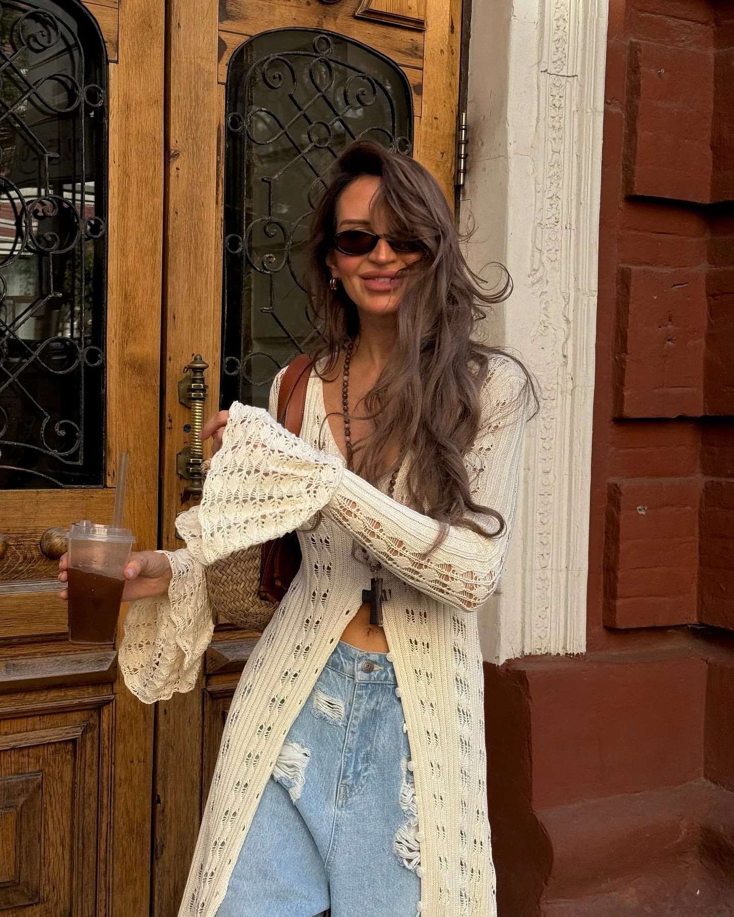 Combhasaki Women Y2K Chic Flare Long Sleeve Aesthetic Button-down V-Neck Ruffle Hem Hollow Out Knitted Long Dress Boho Beachwear