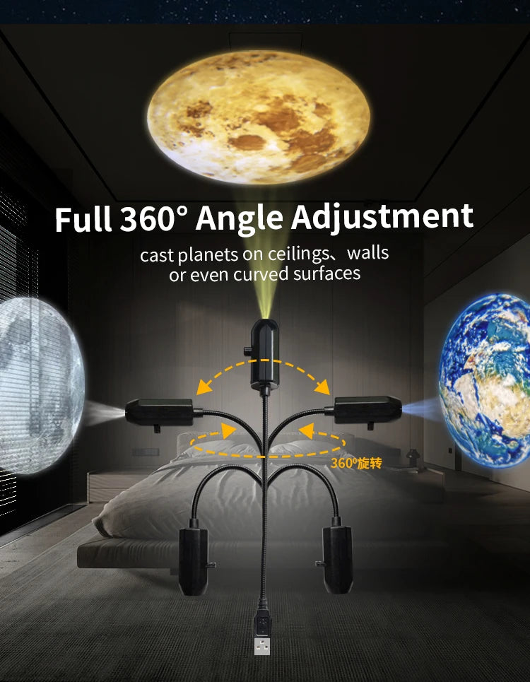 5V USB Projector Light Moon Earth Planet Night Light Switchable Pattern LED Projector Lamp for Room Ceiling Window Wall Decor