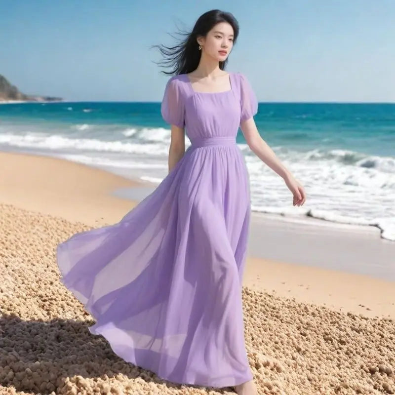 2026 Women Summer Dress New Fashion Bohemian French Chiffon Beach Dresses Ladies Solid Color Long Dress Female Vestidos Clothing