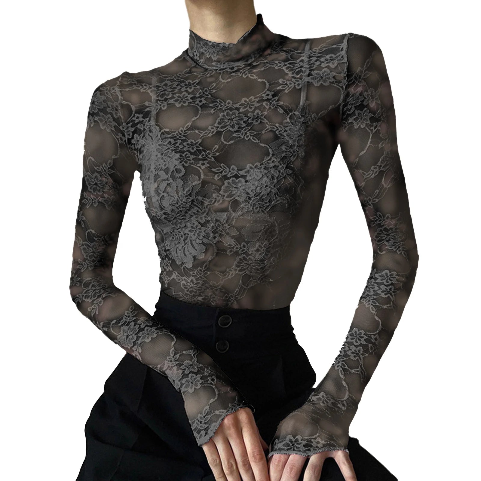 Women's Lace Mesh Crop Tops Long Sleeve Floral Sheer Blouse Sexy Shirt High Neck See-Through Slim Fit Tee Shirts Clubwear