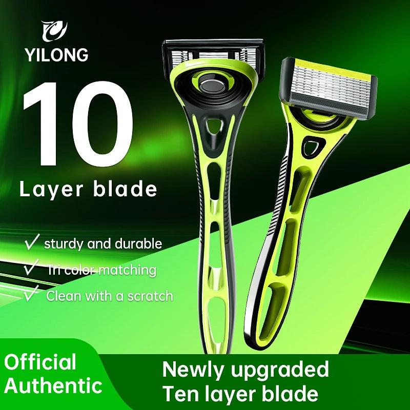 10 Layer Shaver Razor (1 Razor Holder + 4 Blades Head)Cassette Shaving Razor Set Green Body Face Hair Removal Knife for Gift Men