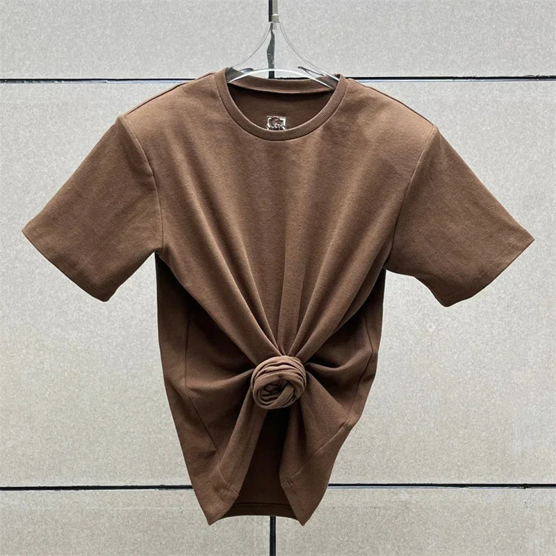 Women's t-shirt 2025 summer new shoulder padded slim fit short sleeved top pure cotton round neck pullover y2k Crop top corset