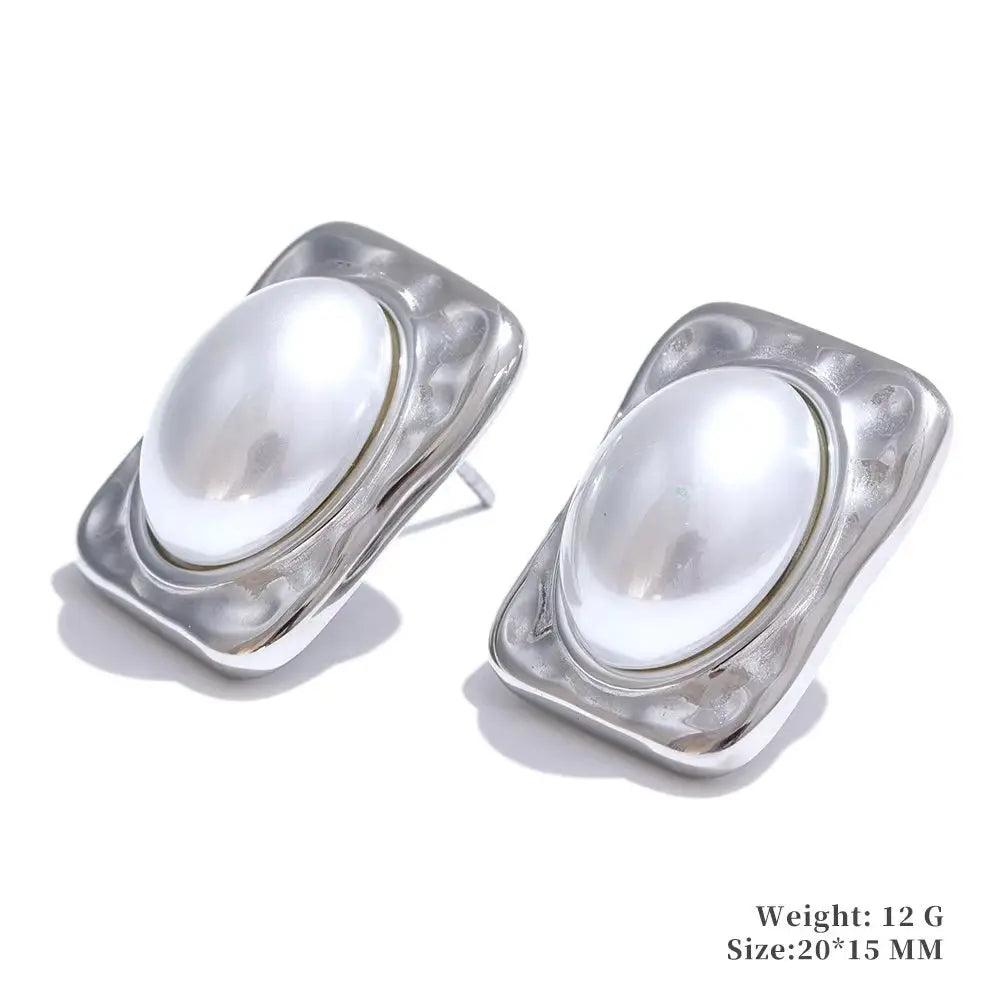 Yhpup Trending Stainless Steel Imitation Pearls Round Square Stud Earrings Korean Daily Versatile Vintage Chic Fashion Jewelry